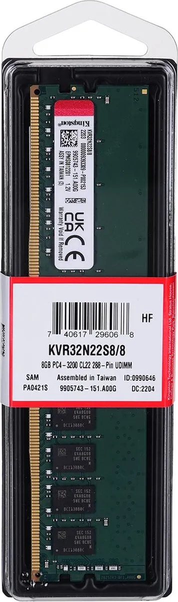 Kingston ValueRAM KVR32N22S8/8 DDR4 RAM - 8GB 3200MHz