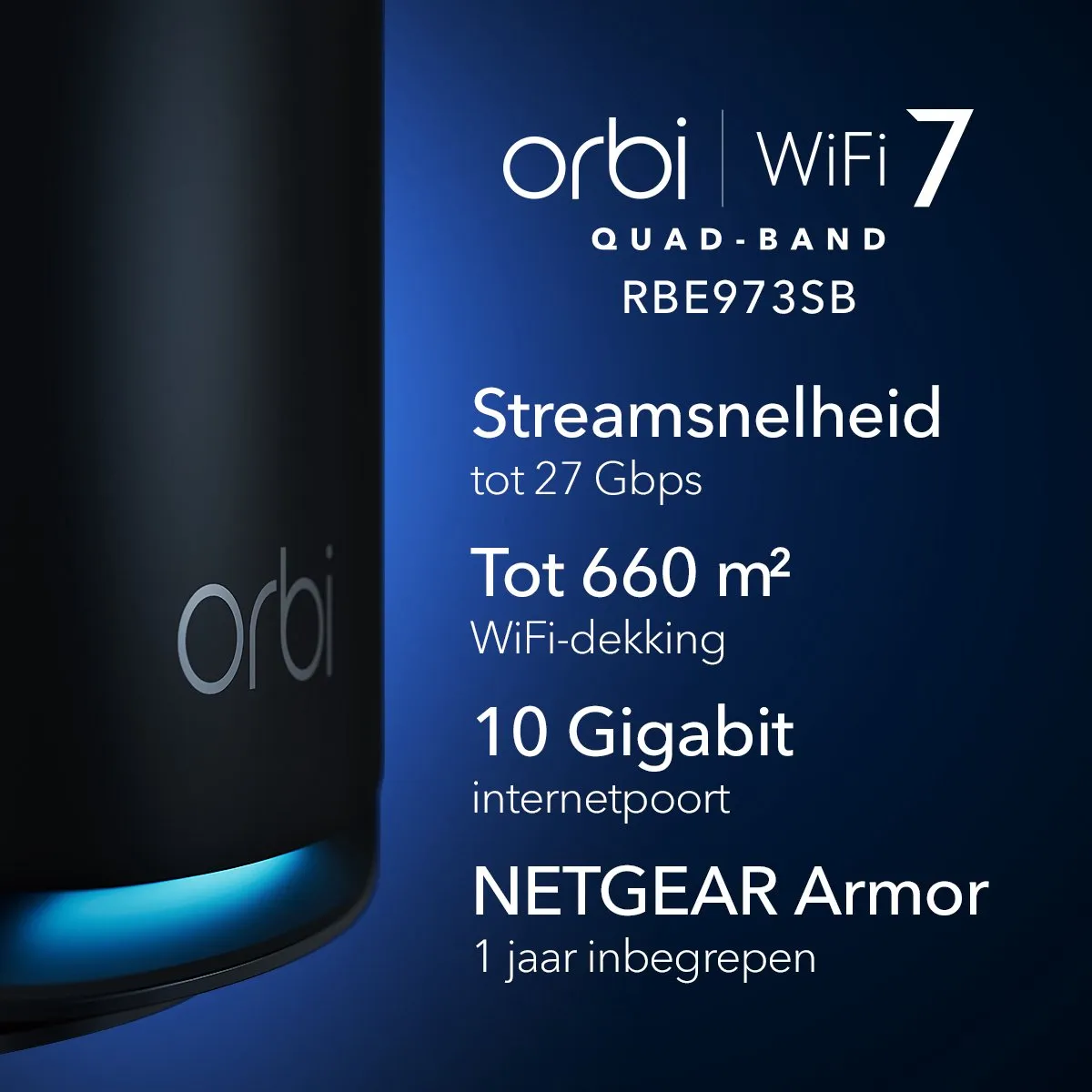 Netgear Orbi RBE973SB Mesh WiFi 7 Quad-Band 3-Pack - Zwart