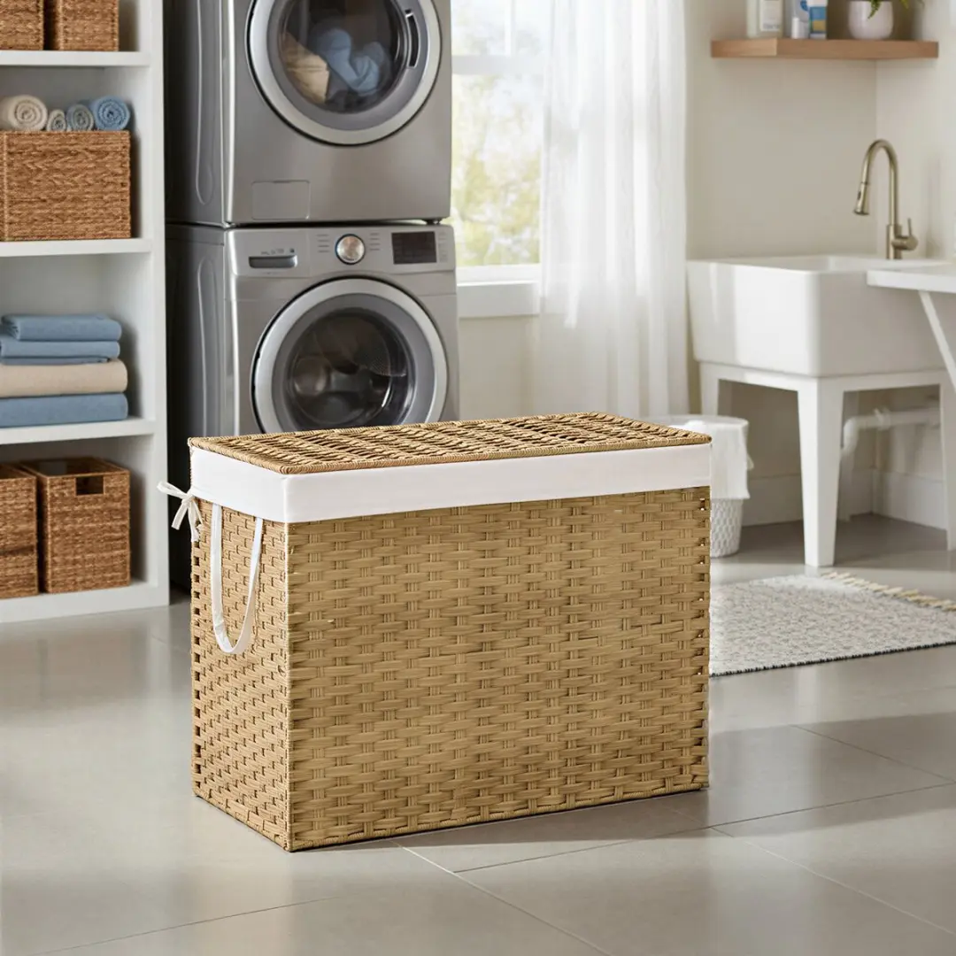 Songmics Opvouwbare Rattan Wasmand 200L - 3 Vakken - Bruin