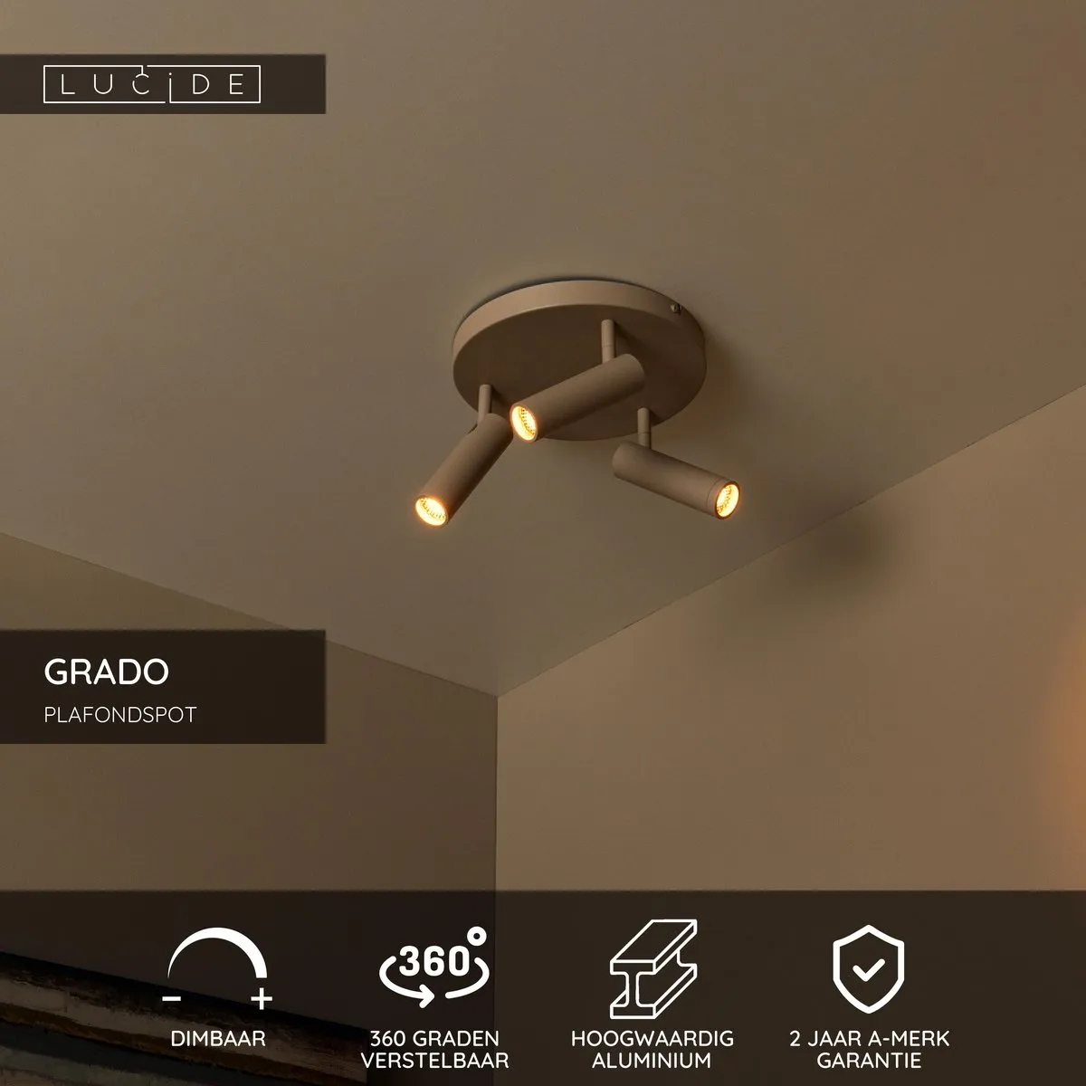 Lucide GRADO Plafondspot 3xGU10 Ø25cm - Taupe