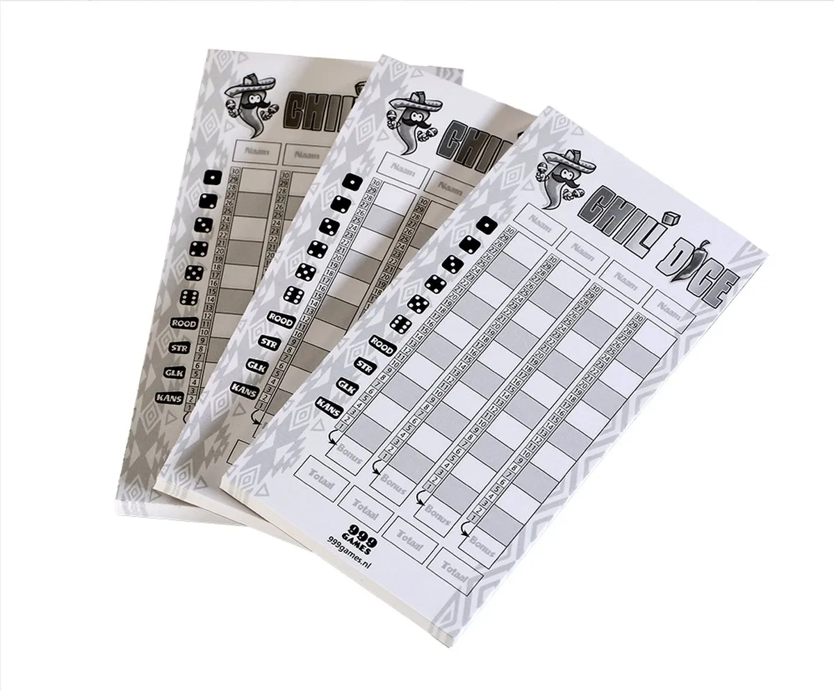 999 Games Chili Dice Scoreblokken - 3 Stuks - Multi Kleuren