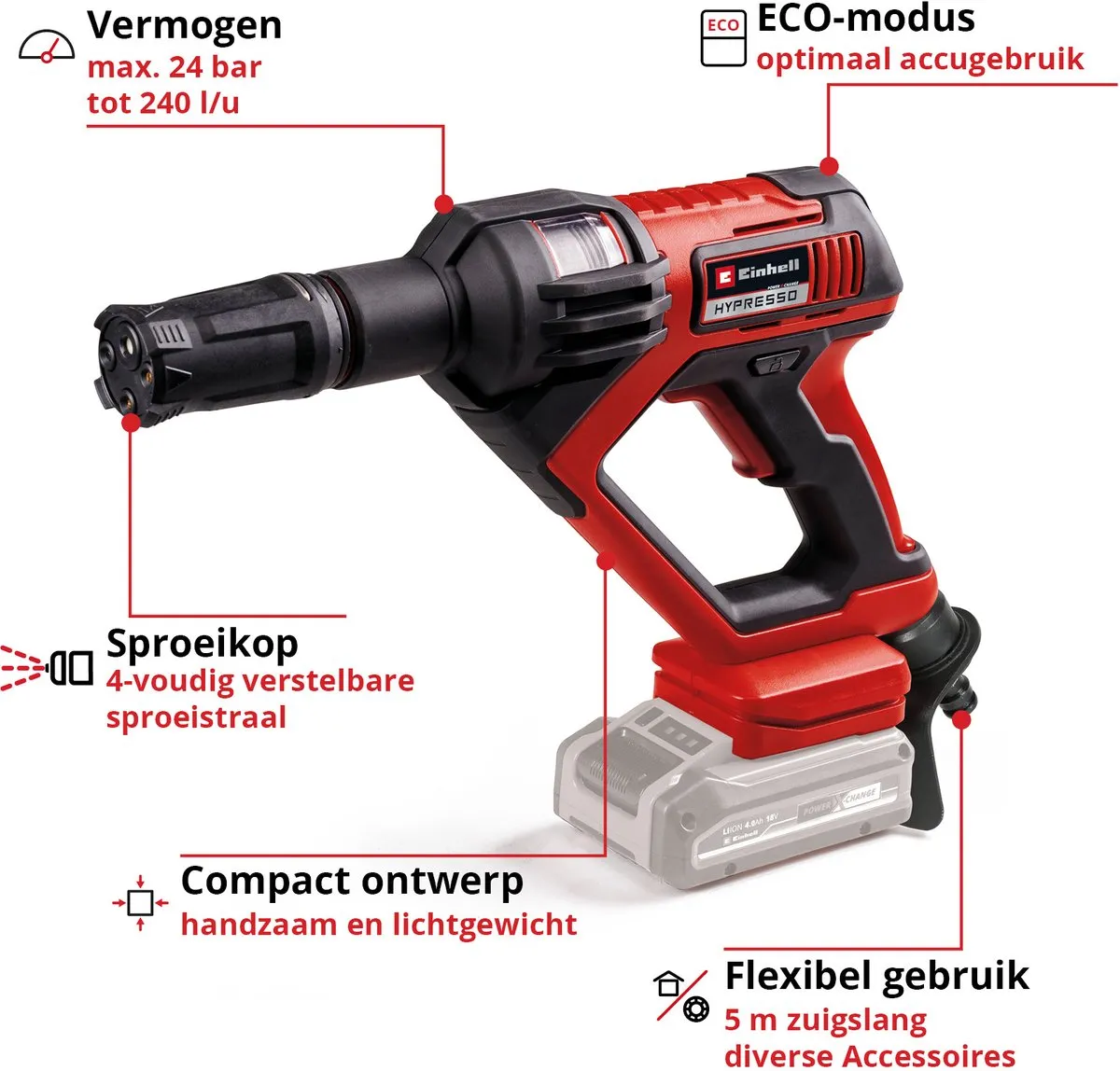 Einhell Accu Hogedrukreiniger HYPRESSO 18/24-1 Solo 18V - 24 bar - 240 l/u
