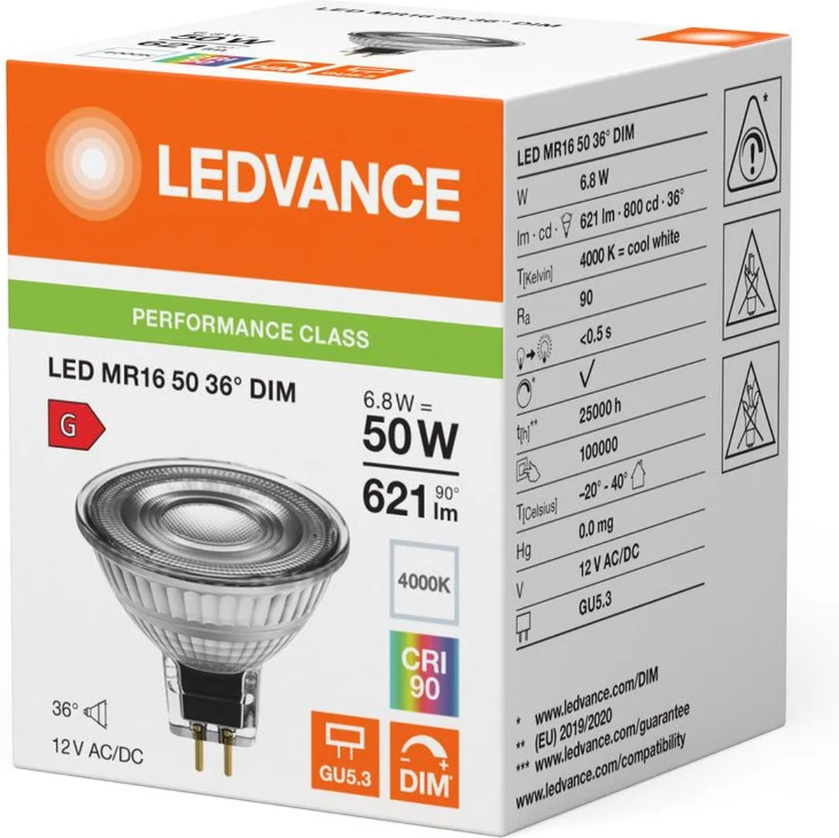 LEDVANCE Performance LED Spot MR16 6.8W 621lm 36° - Koel wit