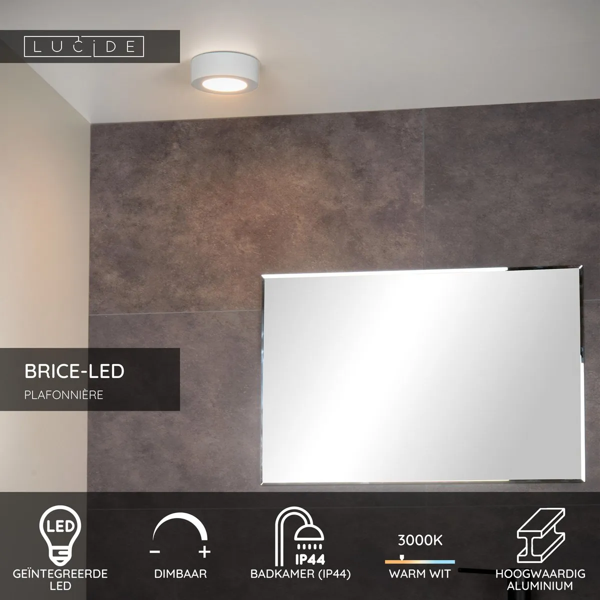 Lucide BRICE-LED Plafondlamp Badkamer 8W 3000K - Ø11,7cm Wit