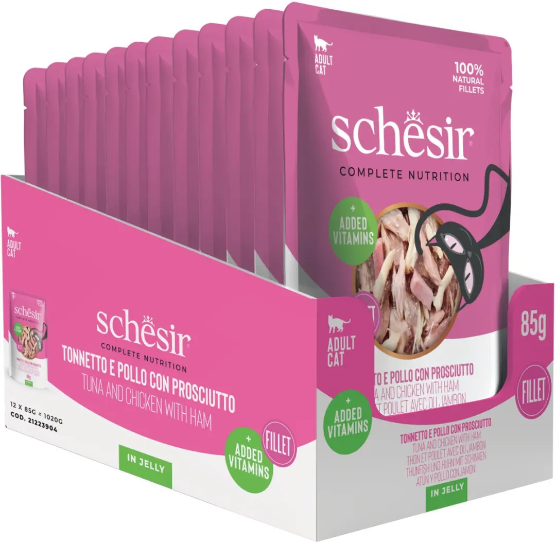 Schesir Tonijn Kip Ham in Gelei Natvoer Kat - 12x85g