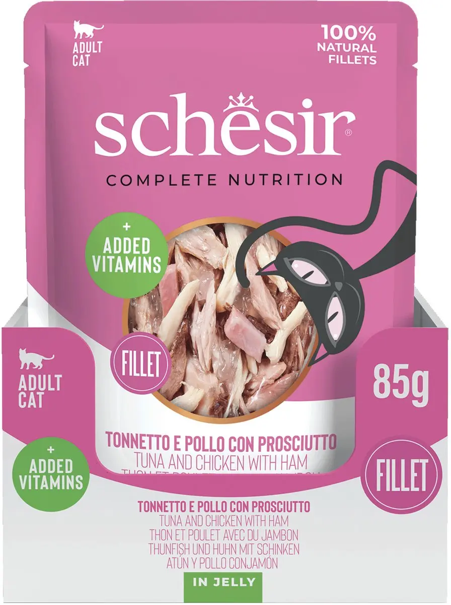 Schesir Tonijn Kip Ham in Gelei Natvoer Kat - 12x85g