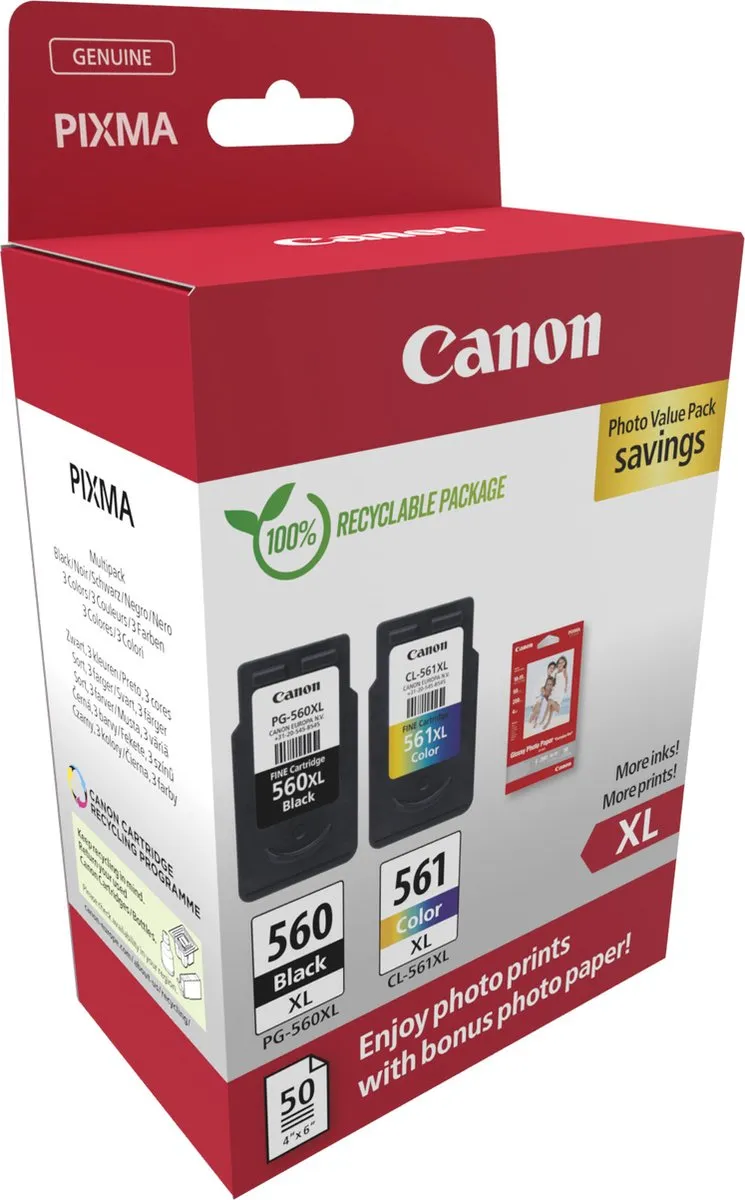 Canon PG-560XL + CL-561XL Inktcartridges - 2 Stuks - 50 Vel Fotopapier