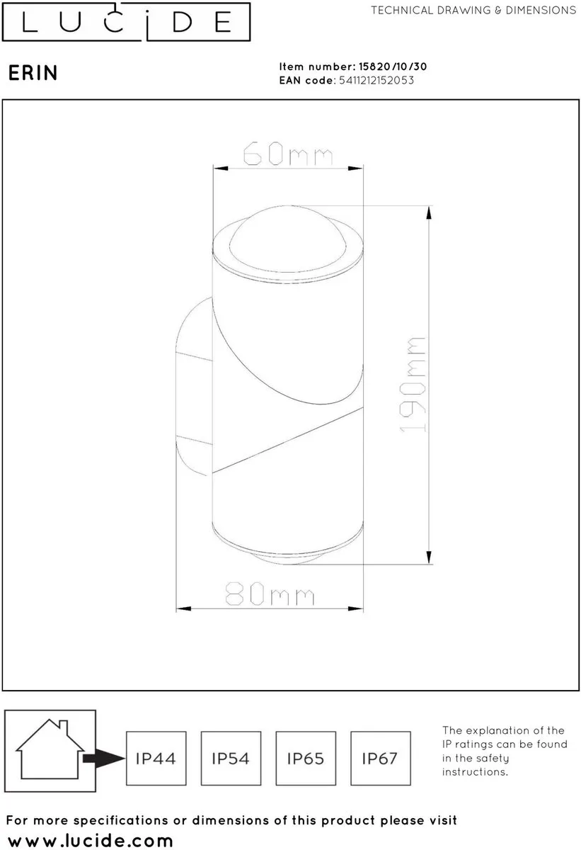 Lucide ERIN Wandspot LED 10W IP65 - Zwart - afbeelding 6 van 6