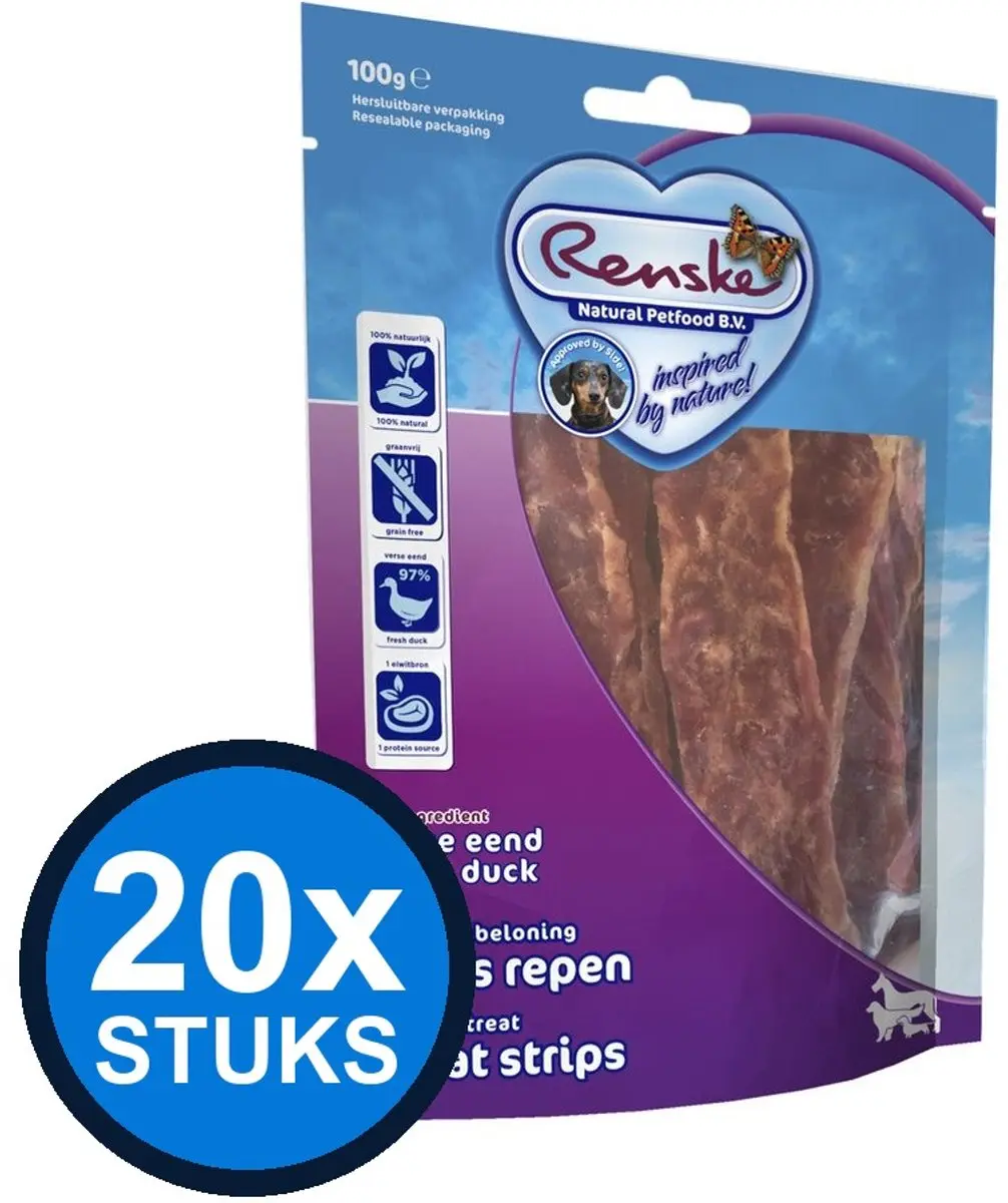 Renske Gezonde Beloning Vleesrepen Hond Eend 100g