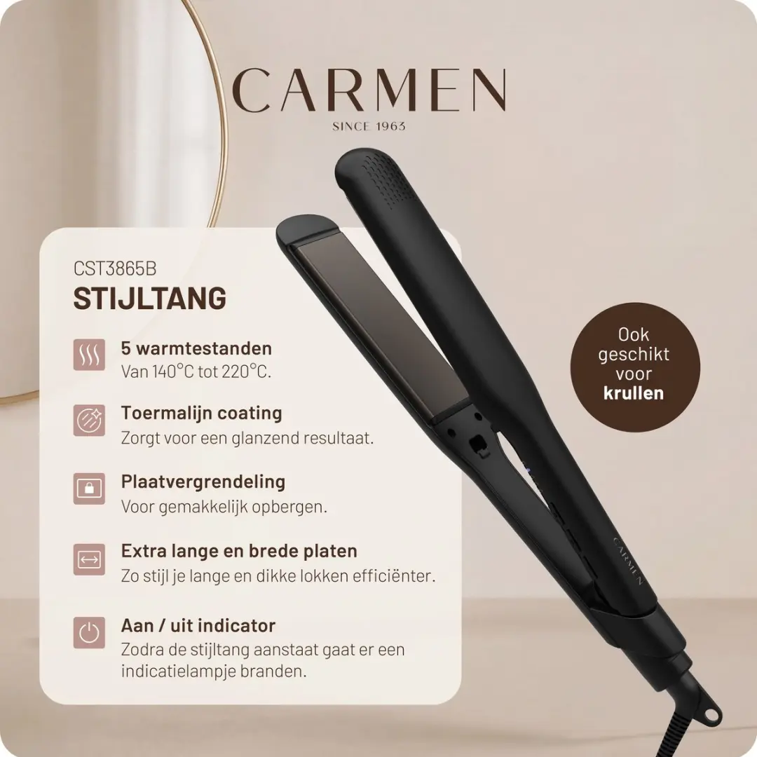 Carmen CST3865B Stijltang - Toermalijn - 5 standen - Zwart