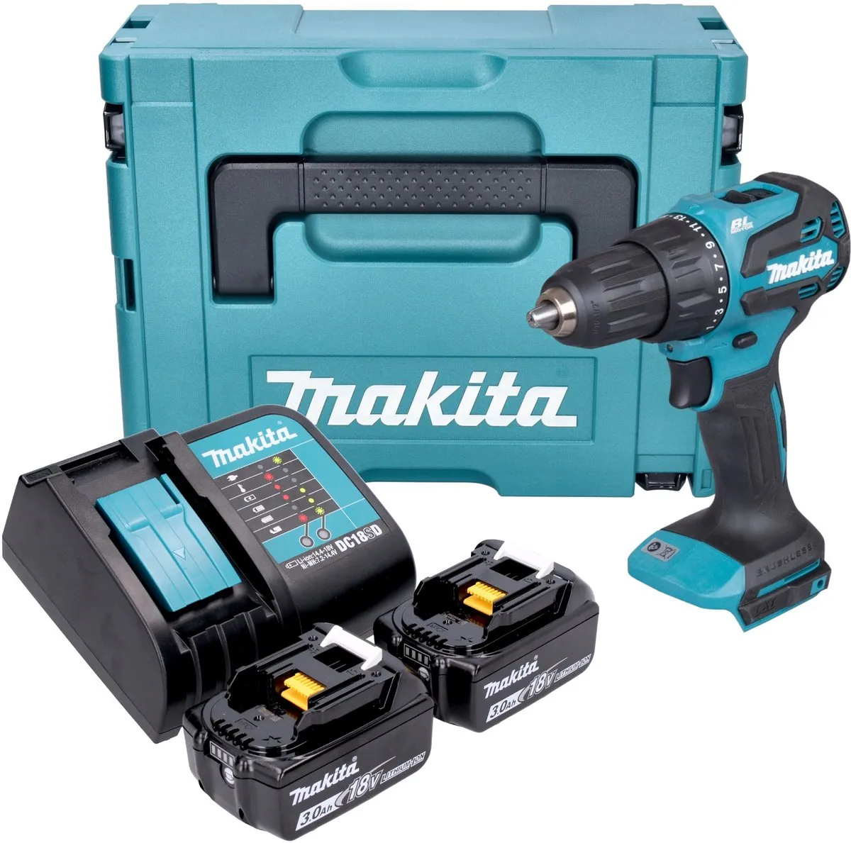 Makita DHP 490 SFJ accu klopboormachine 18 V 65 Nm borstelloos + 2x accu 3,0 Ah + lader + Makpac