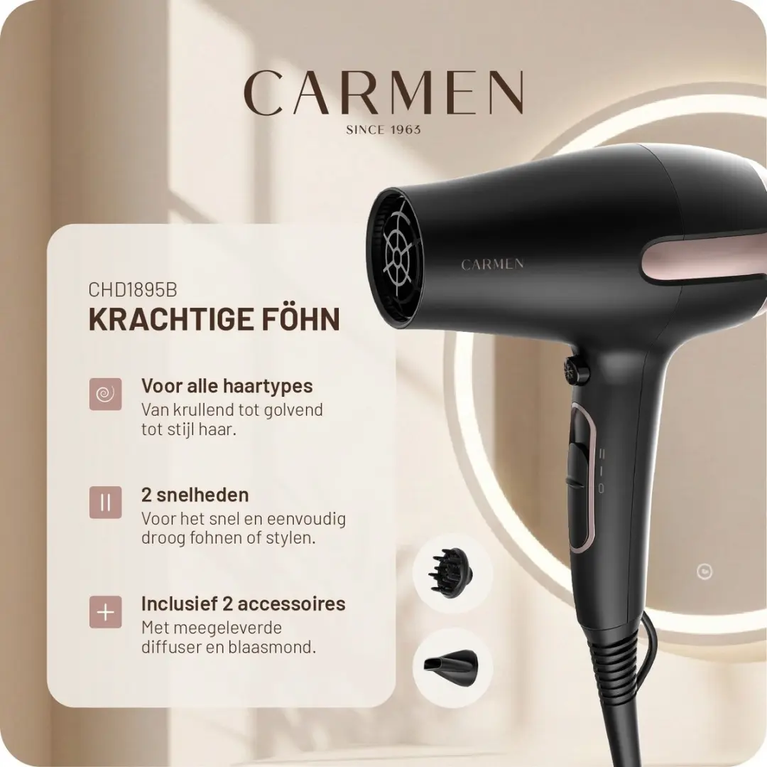 Carmen CHD1895B Föhn 1800W - Zwart/Roségoud