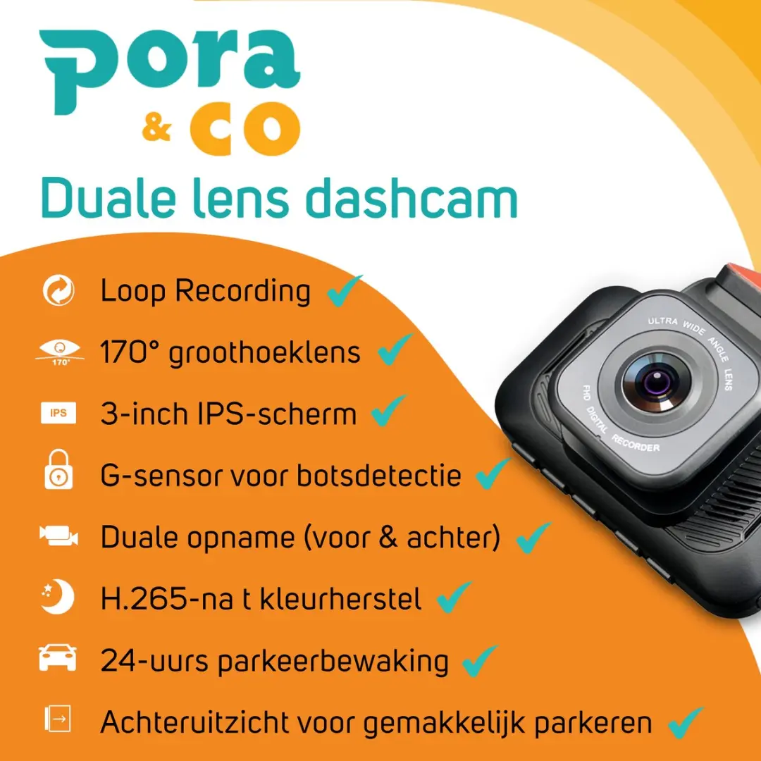 Pora&Co RLDV-71-PR Dashcam 4K Ultra HD - Zwart