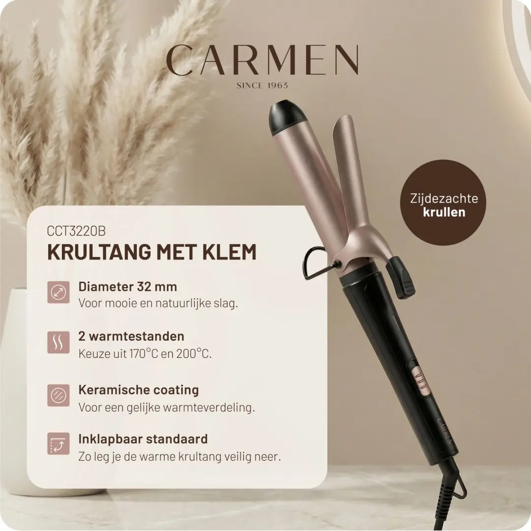 Carmen CCT3220B Krultang 32mm - 2 standen - Keramisch - Zwart roségoud