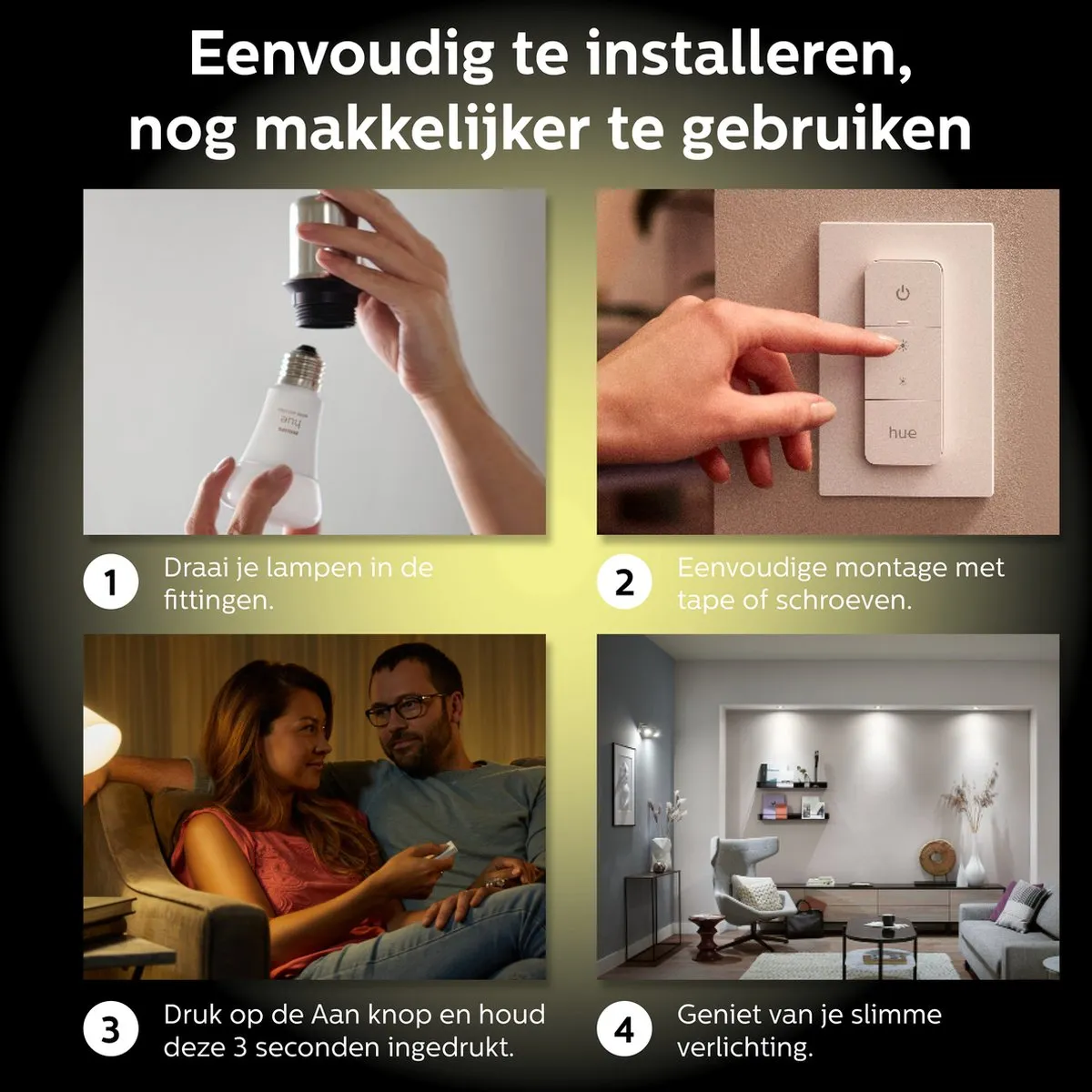 Philips Hue Uitbreidingspakket GU10 Warmwit - 4 Spotjes + Dimmer Switch