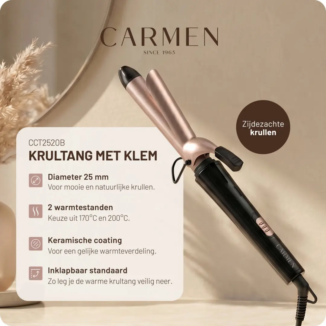 Carmen CCT2520B Krultang 25mm - 2 standen - Keramisch - Zwart roségoud