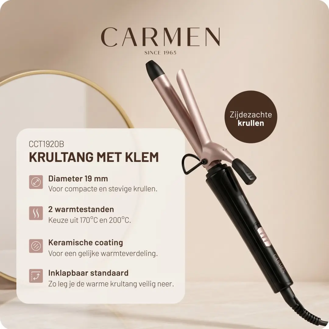 Carmen CCT1920B Krultang 19mm - 2 standen - Keramisch - Zwart Roségoud