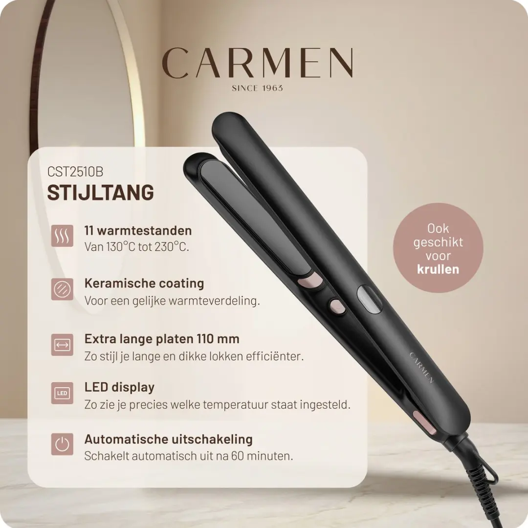 Carmen CST2510B Stijltang - 11 standen - Zwart Roségoud