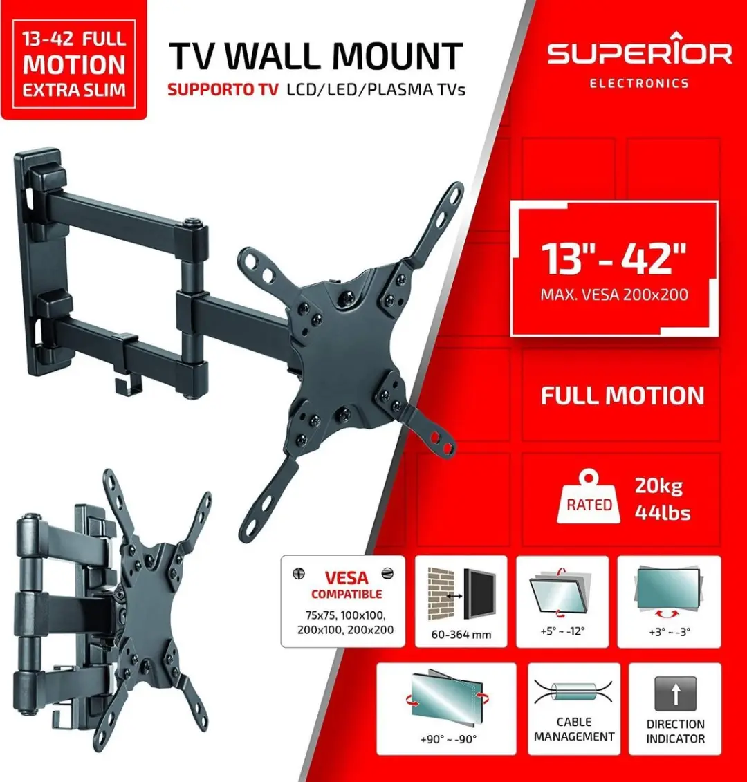 Superior Electronics 13-42 Full Motion Extra Slim TV Wandbeugel 42" - Zwart