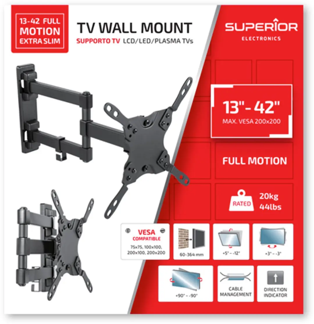 Superior Electronics 13-42 Full Motion Extra Slim TV Wandbeugel 42" - Zwart