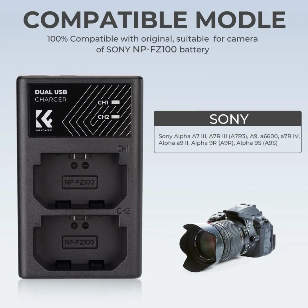 K&F Concept KF13.047 Dubbele Batterijlader Sony NP-FZ100 - Zwart