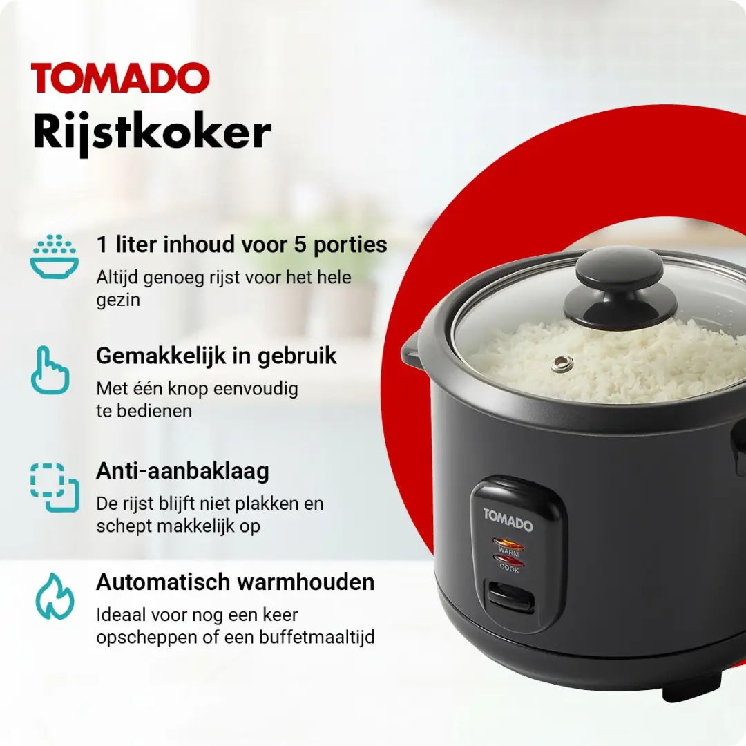 Tomado TRC1001B Rijstkoker 1L - 5 Porties - Zwart