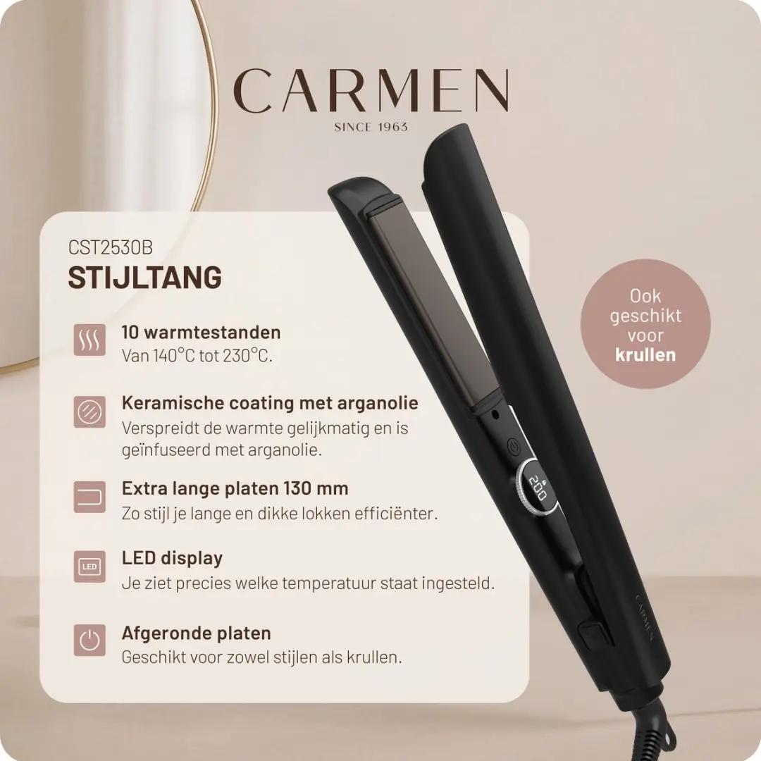 Carmen CST2530B Stijltang 2-in-1 - 10 standen - Zwart