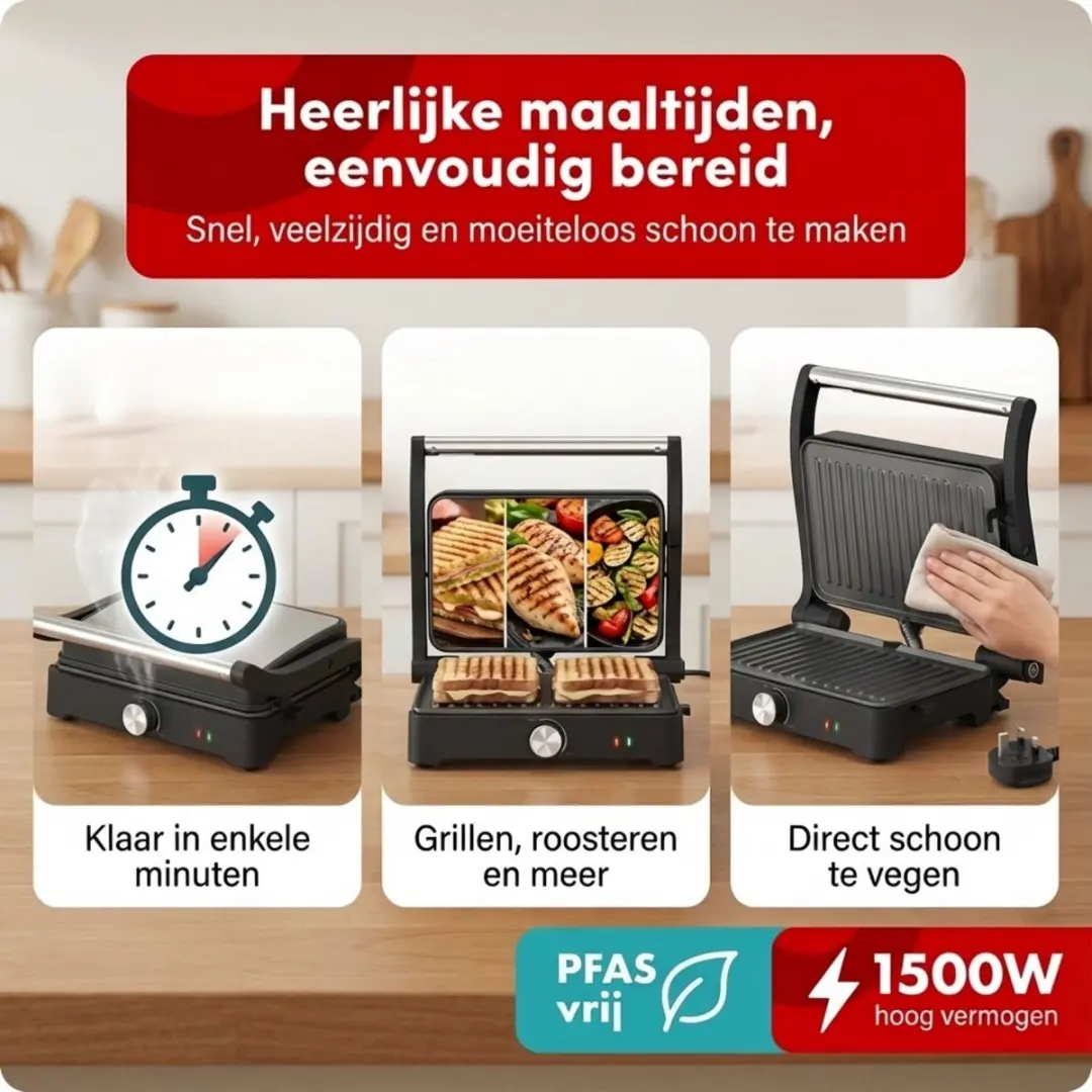 Tomado XXL Tosti Apparaat TGC3001S - 1500W - 4 Sandwiches - Zwart RVS