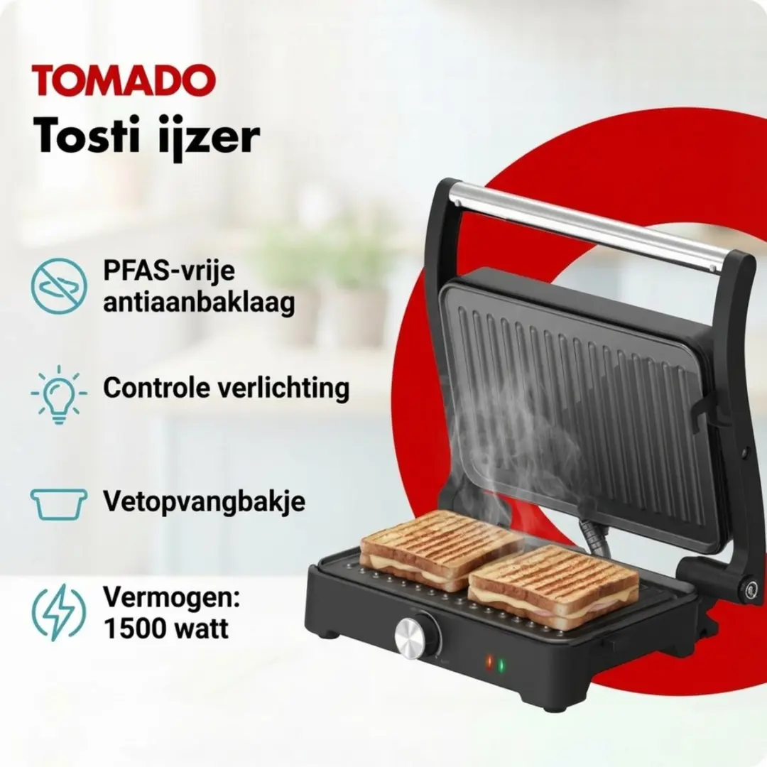 Tomado XXL Tosti Apparaat TGC3001S - 1500W - 4 Sandwiches - Zwart RVS