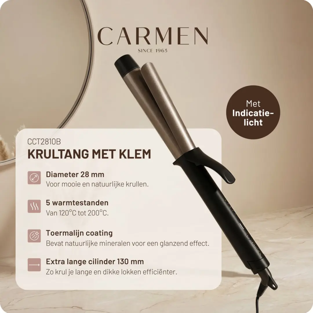Carmen CCT2810B Krultang 28mm - 5 standen - Toermalijn - Zwart