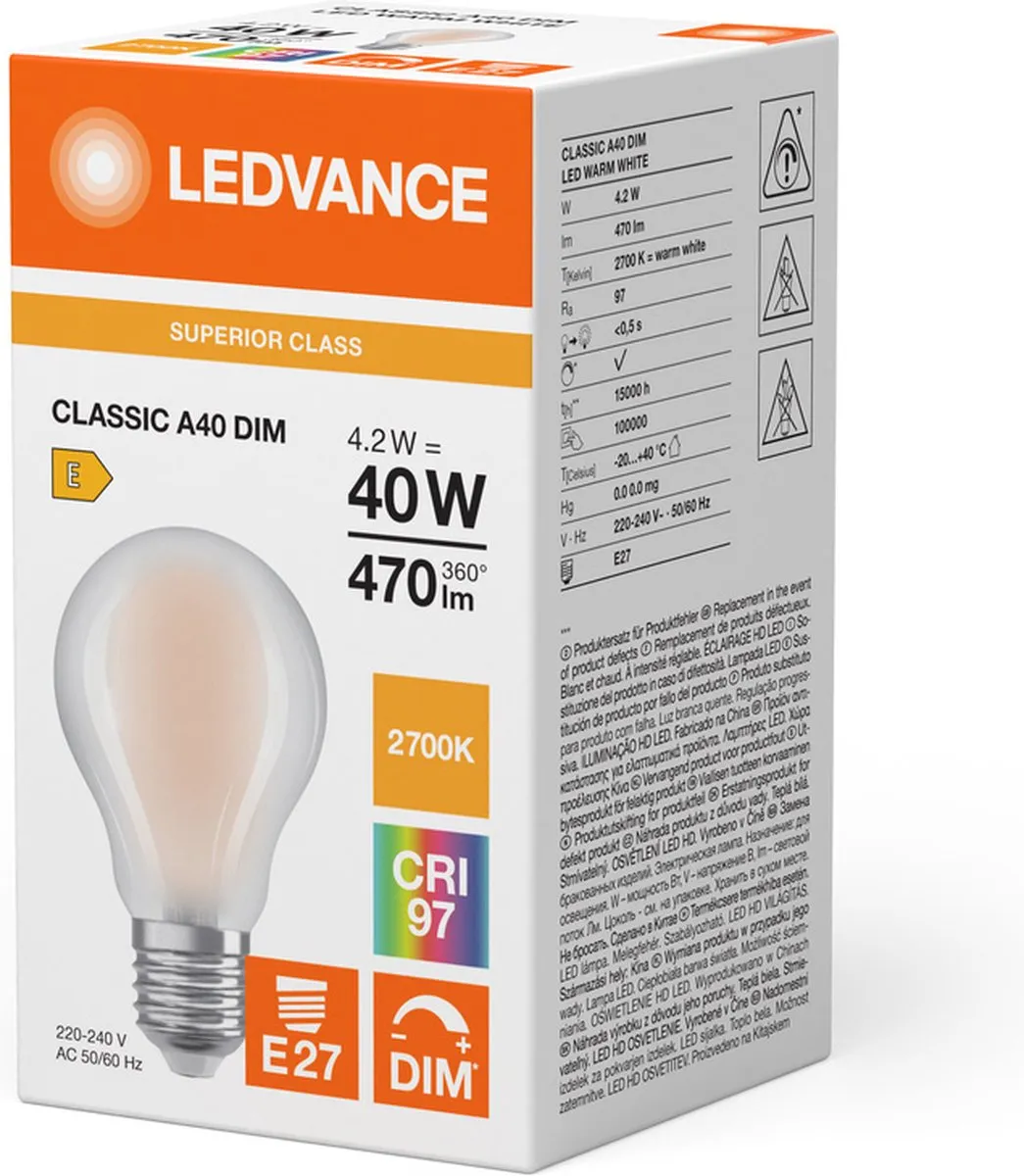 LEDVANCE Classic Superior Peer Filament E27 4.2W 470lm - Mat - Zeer Warm Wit - afbeelding 4 van 5