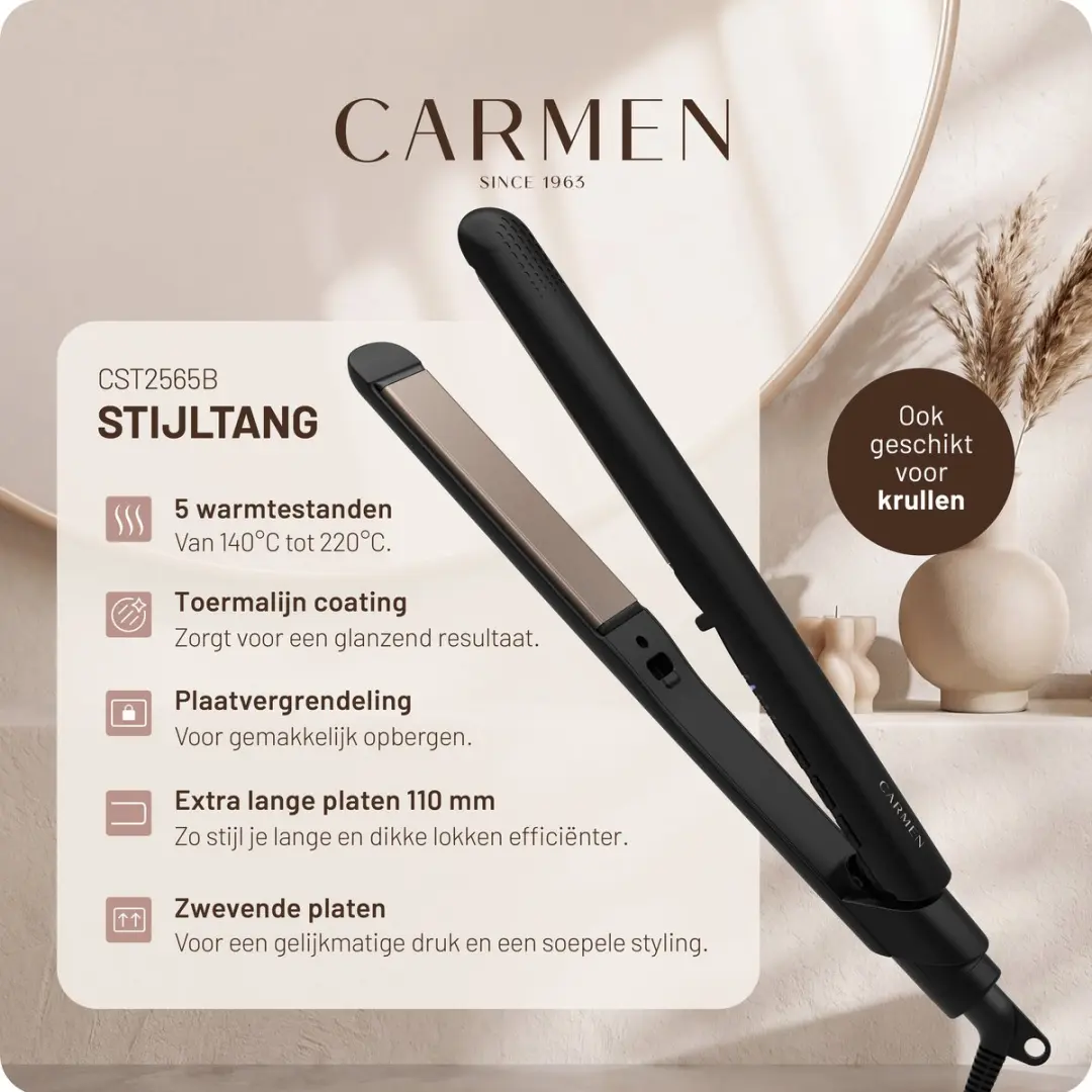 Carmen CST2565B Stijltang - 5 standen - Toermalijn - Zwart
