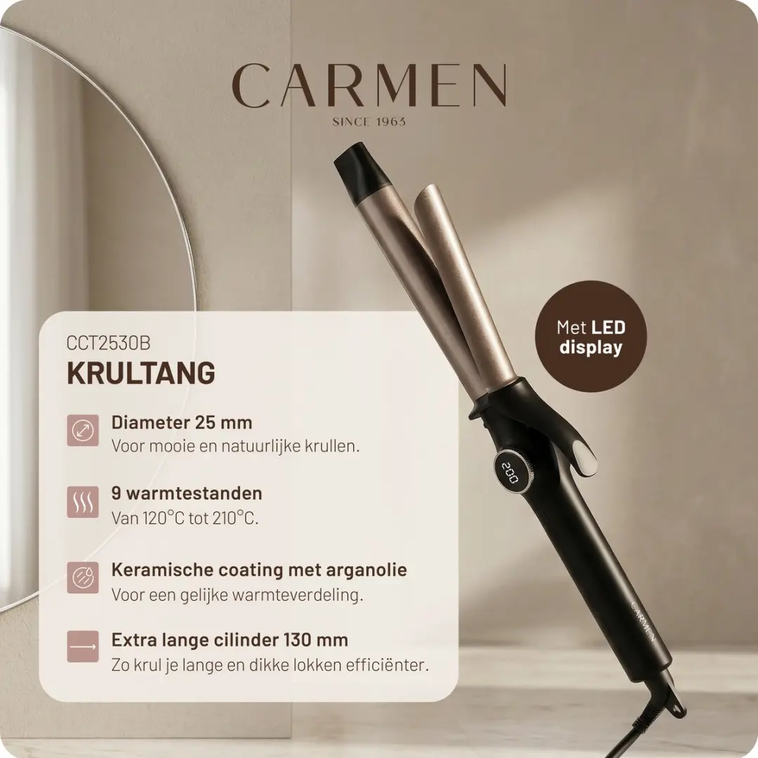 Carmen CCT2530B Krultang 25mm - Keramisch - 9 standen - Zwart