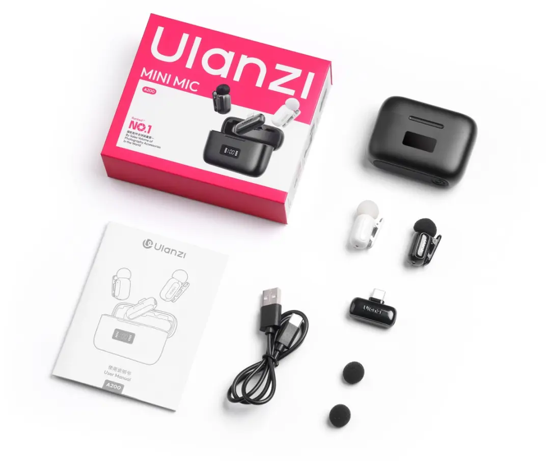 Ulanzi A200 Mini Draadloze Microfoonset - 2 Zenders - USB-C - Zwart/Wit