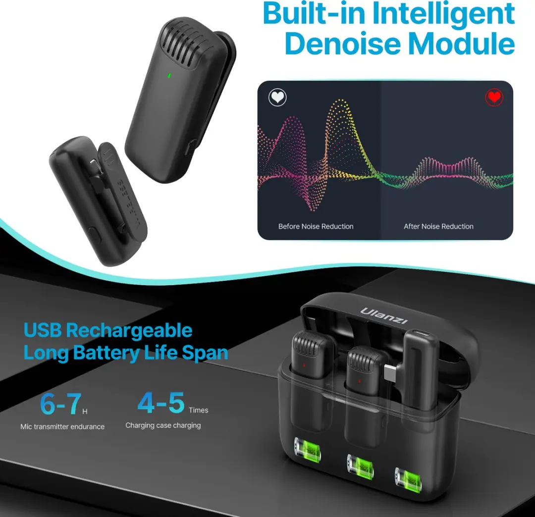 Ulanzi J12 Draadloze Microfoon - USB-C - 2 Stuks - Zwart - afbeelding 6 van 6