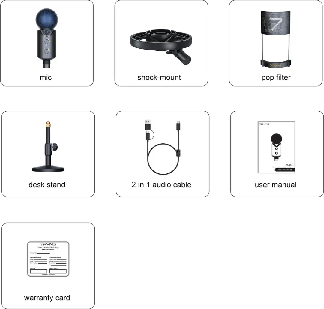 7RYMS AU02-K1 Cardioïde USB Microfoon Kit - Zwart