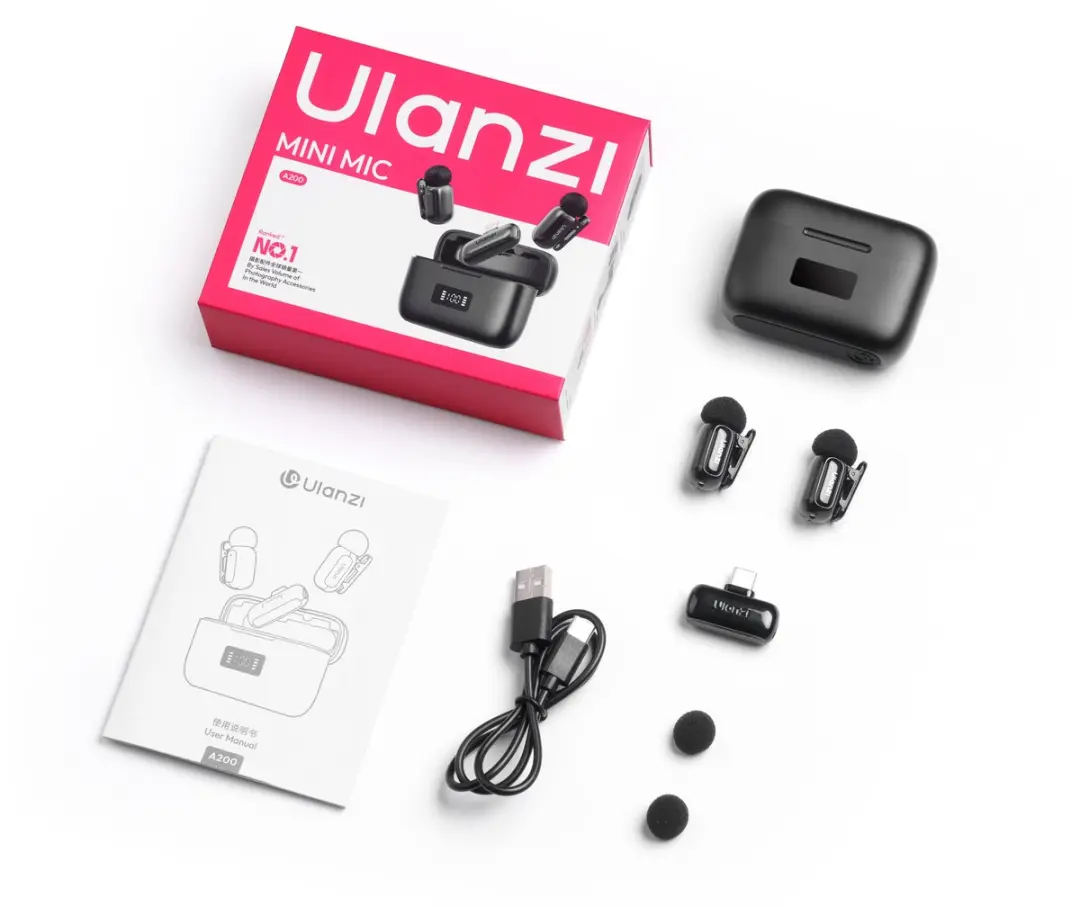 Ulanzi A200 Draadloze Microfoonset - 2 Zenders & Oplaadcase - Zwart