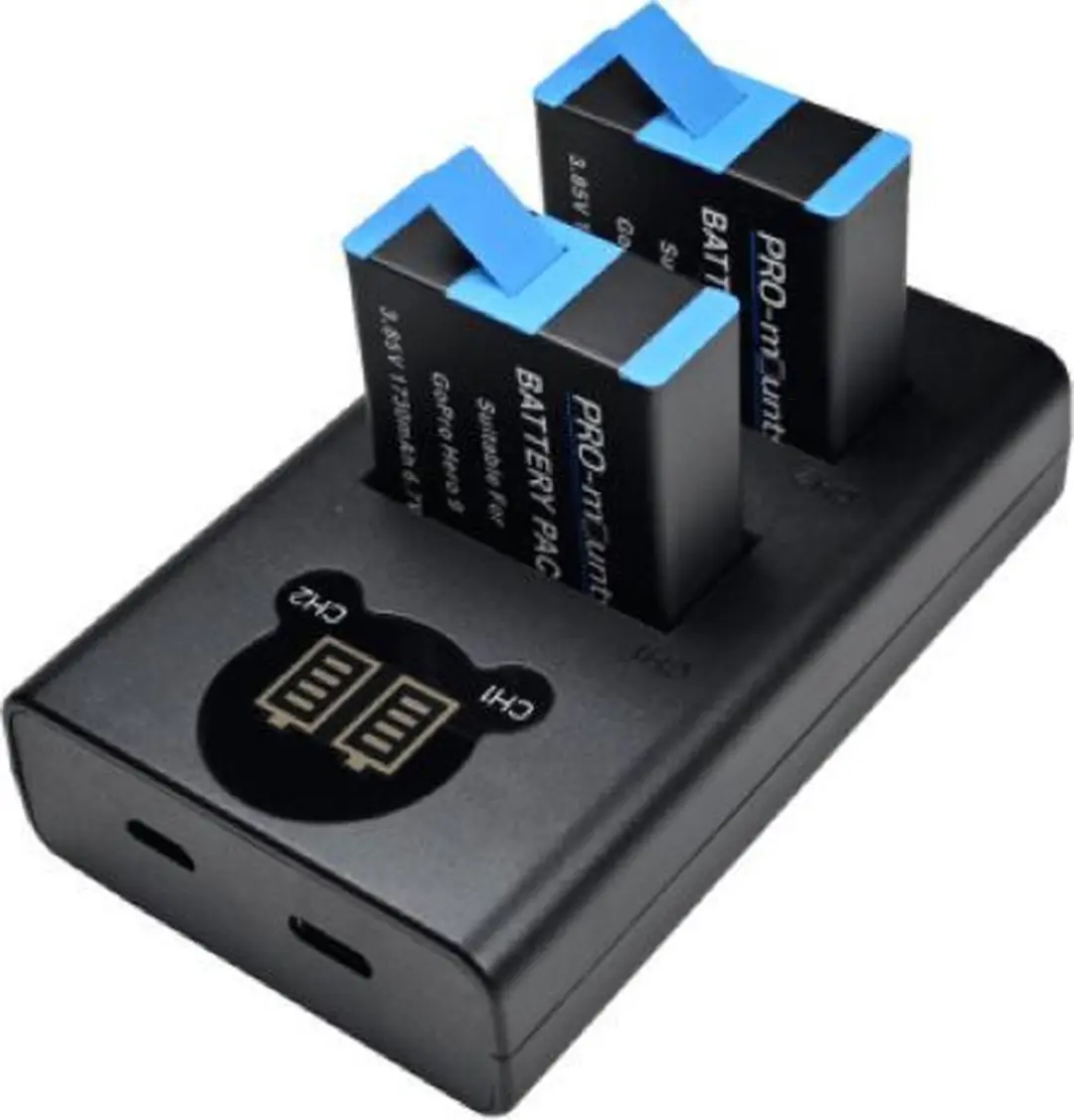 PRO-Mounts Battery Kit Hero9 - 2x Accu + Lader - Zwart