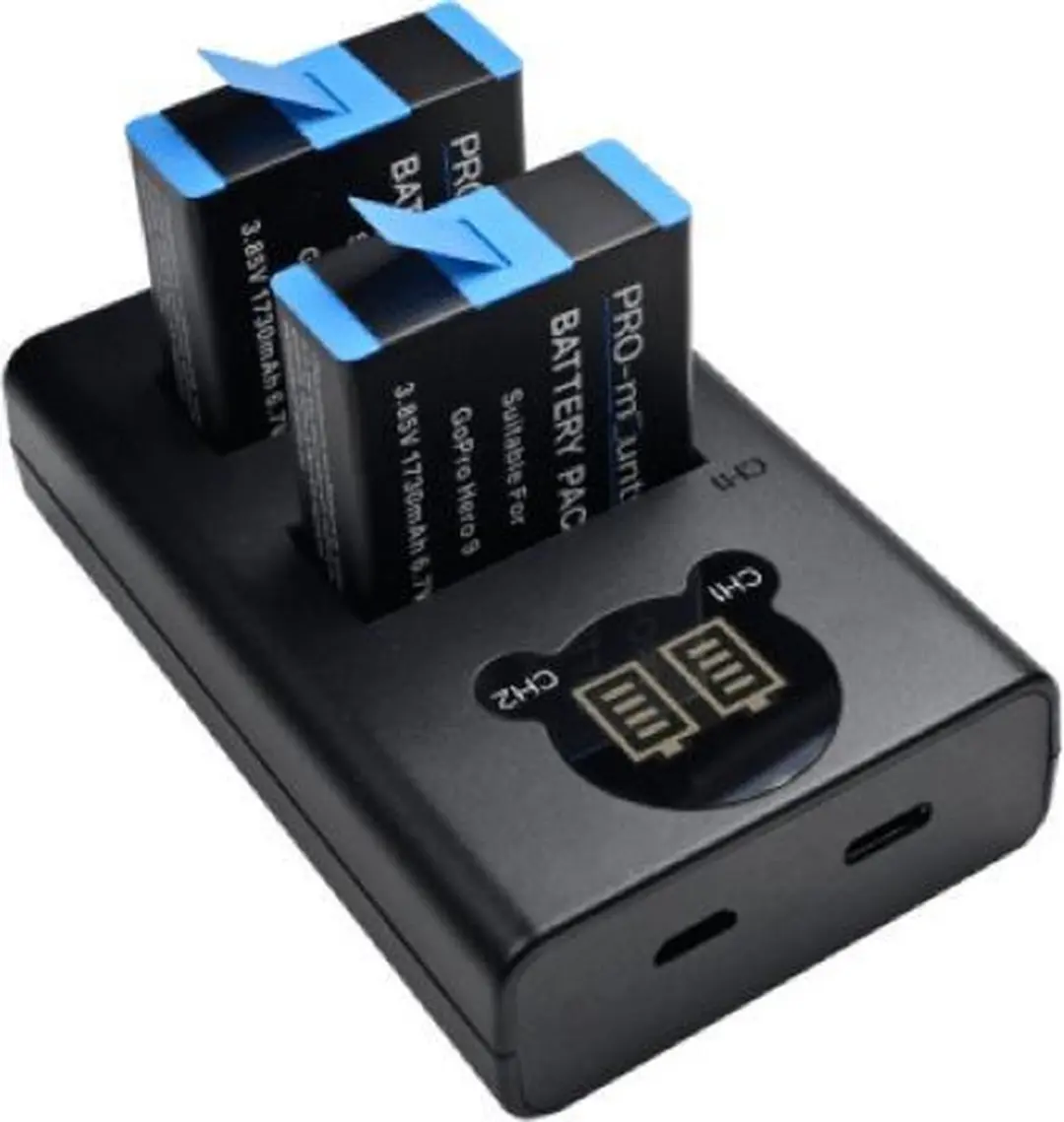 PRO-Mounts Battery Kit Hero9 - 2x Accu + Lader - Zwart