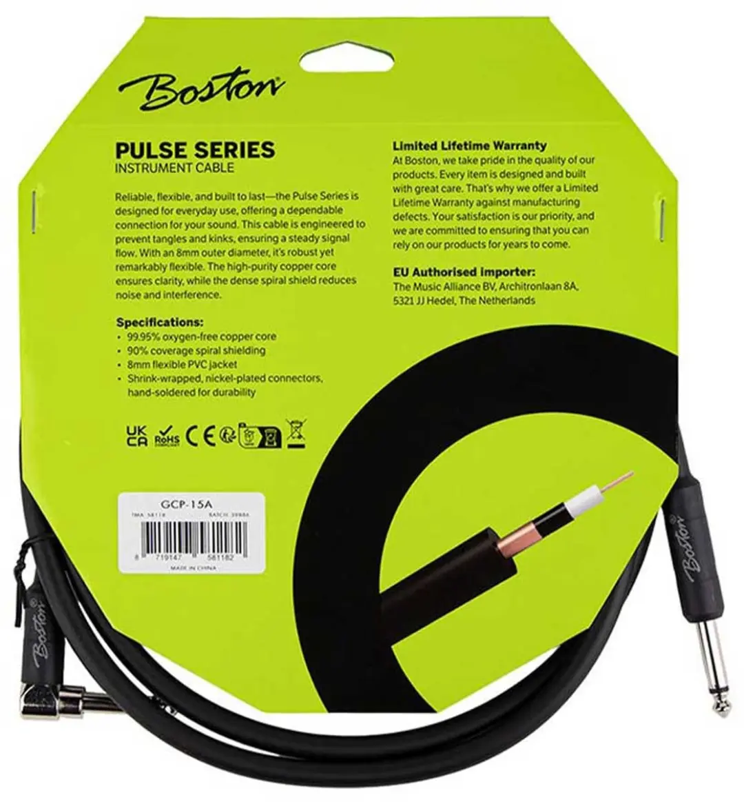 Boston GCP-15A Pulse Series Gitaarkabel 1.5m - Zwart