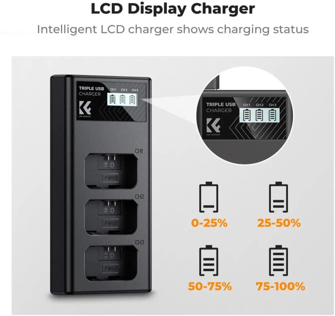 K&F Concept KF32.047V1 Drievoudige Acculader - Sony NP-FW50 - Zwart