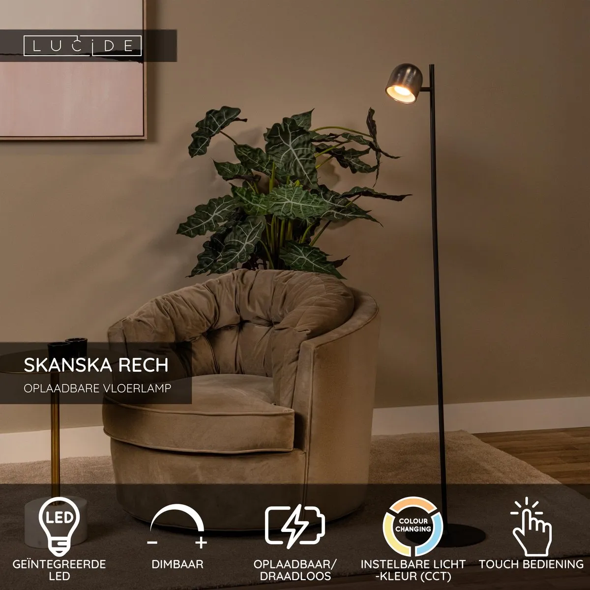 Lucide Skanska Rech Oplaadbare Vloerlamp - 1x3W LED - Grijs ijzer