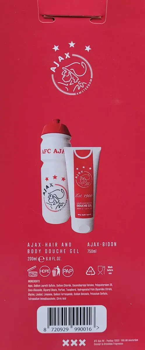 Ajax Geschenkset Bidon 750ml + Douchegel 200ml - Rood/Wit