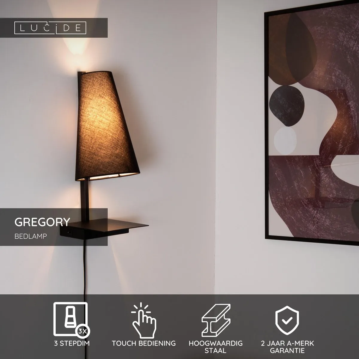Lucide Gregory Bedlamp - 1xE27 - USB Oplaadpunt - Zwart