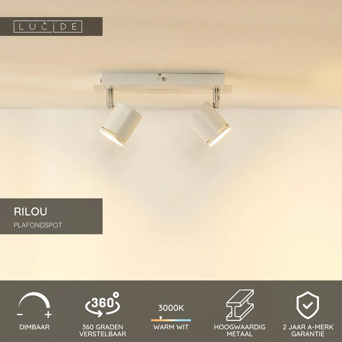 Lucide Rilou Plafondspot LED GU10 2x5W 3000K - Wit
