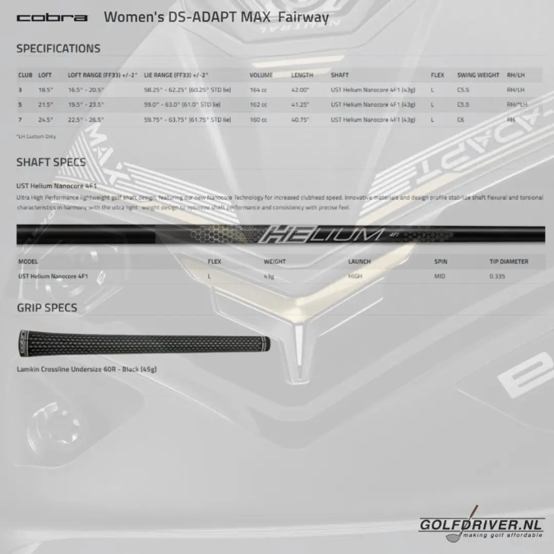 Cobra DS-Adapt Max Dames Fairway Wood 3 - Linkshandig 18,5° - Zwart Goud