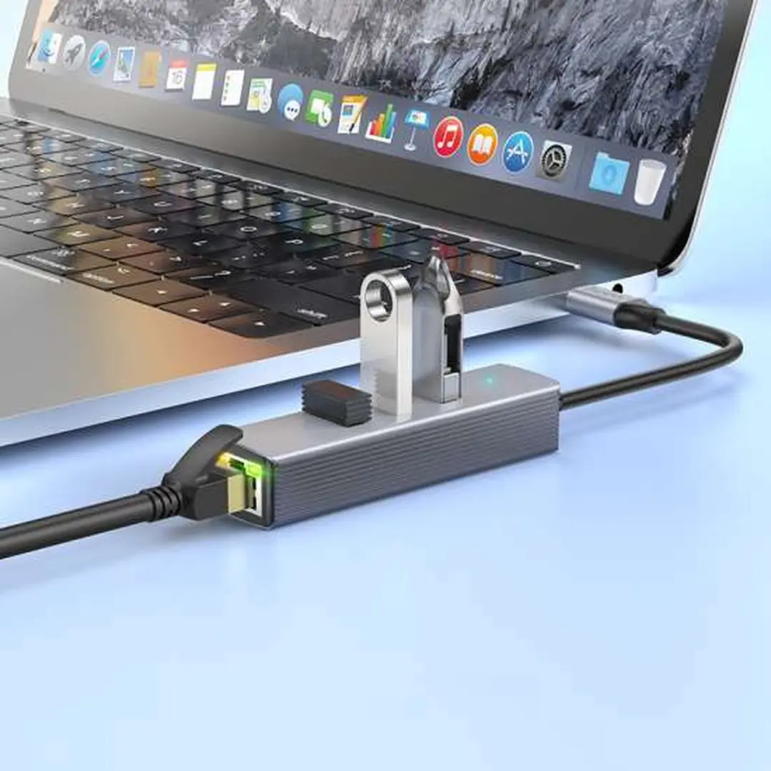 Hoco HB34 USB-C Hub - RJ45 Ethernet & 3x USB 3.0 1000 Mbps - Metaal Grijs