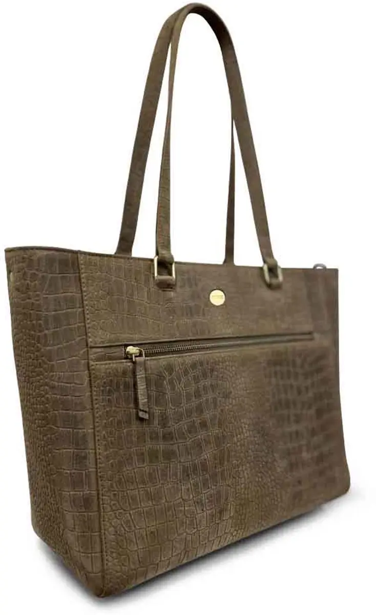 MOSZ Viona Leren Laptoptas 15.6 inch - Taupe Crocoprint - 3 Vakken