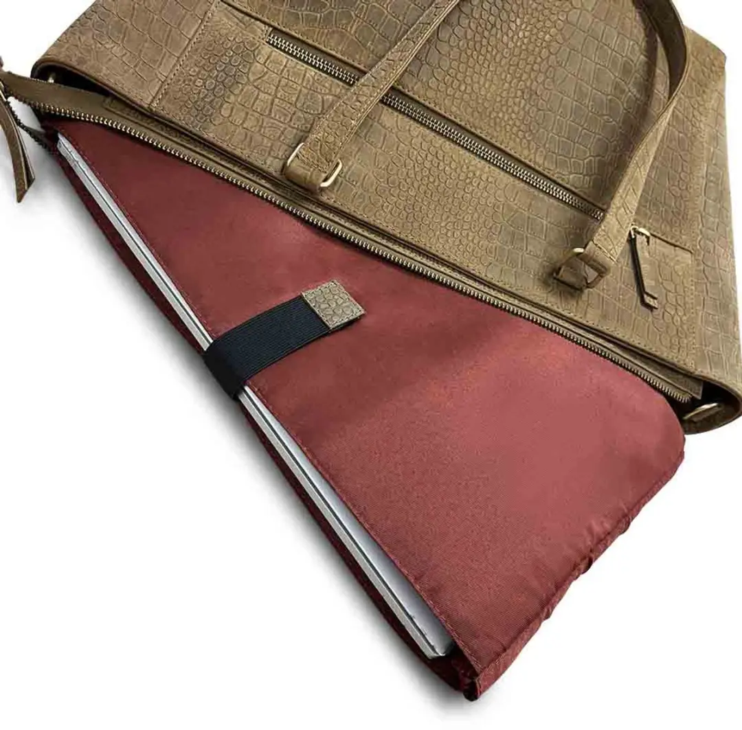 MOSZ Viona Leren Laptoptas 15.6 inch - Taupe Crocoprint - 3 Vakken