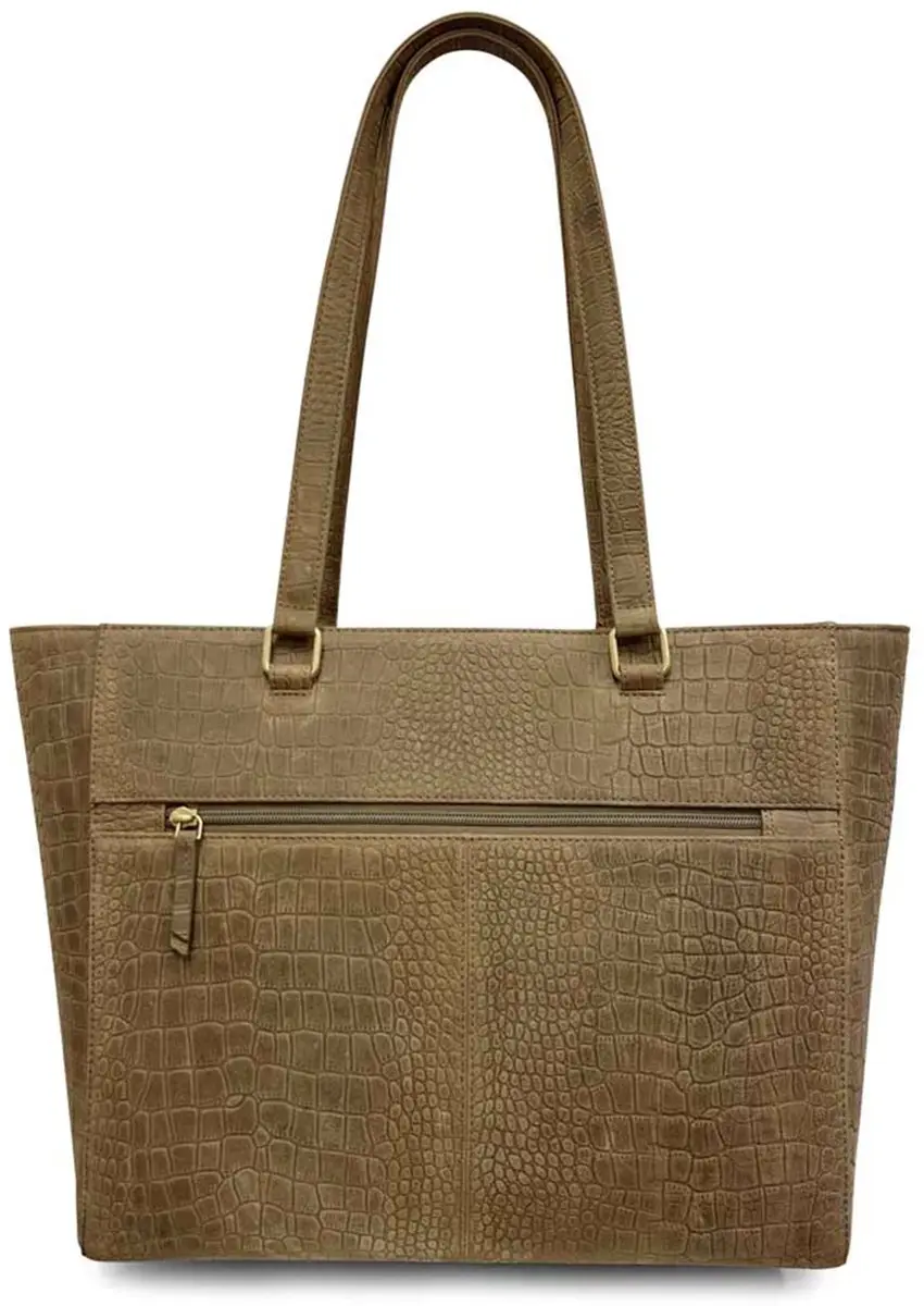 MOSZ Viona Leren Laptoptas 15.6 inch - Taupe Crocoprint - 3 Vakken